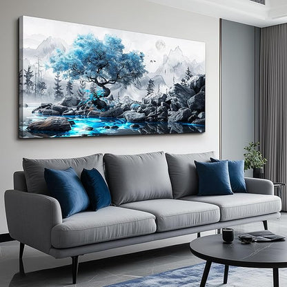FUHAIHUA Large Wall Decor For Living Room Canvas Wall Art For Bedroom Office Decor Black And White Wall Pictures Artwork Blue Tree Landscape Painting Ready To Hang Hotel Room Home Decoration 24x48