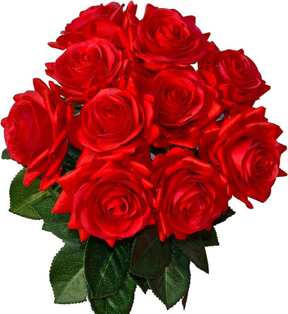 Mandy's Artificial Red Rose 10 Stems Silk Flowers with Bendable Plastic Stems for Wedding Centerpieces Home Decor Gifts 13.5 Inch