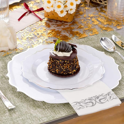 350 PCS Silver Disposable Plates, Scalloped Dinnerware Set for 50 Guests, 100 Plastic Plates, 150 Silverware, 50 Cups & 50 Paper Napkins, Silver
