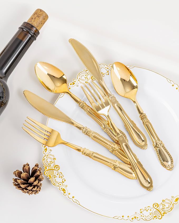 Nervure 150PCS Gold Plastic Silverware - Heavy Duty Disposable Cutlery Set, Luxury Gold Plastic Utensils include 50Pcs Forks, 50Pcs Spoons, 50pcs Knives Perfect for Wedding, Party, Daily Use