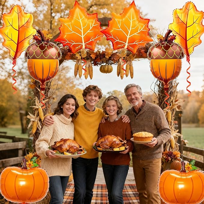 Pensar 10Pcs Orange Brown Fall Thanksgiving Balloons Pumpkin Maple Leaf Pine Cones Balloons for Thanksgiving Party Decorations, Baby Shower Decor Supplies