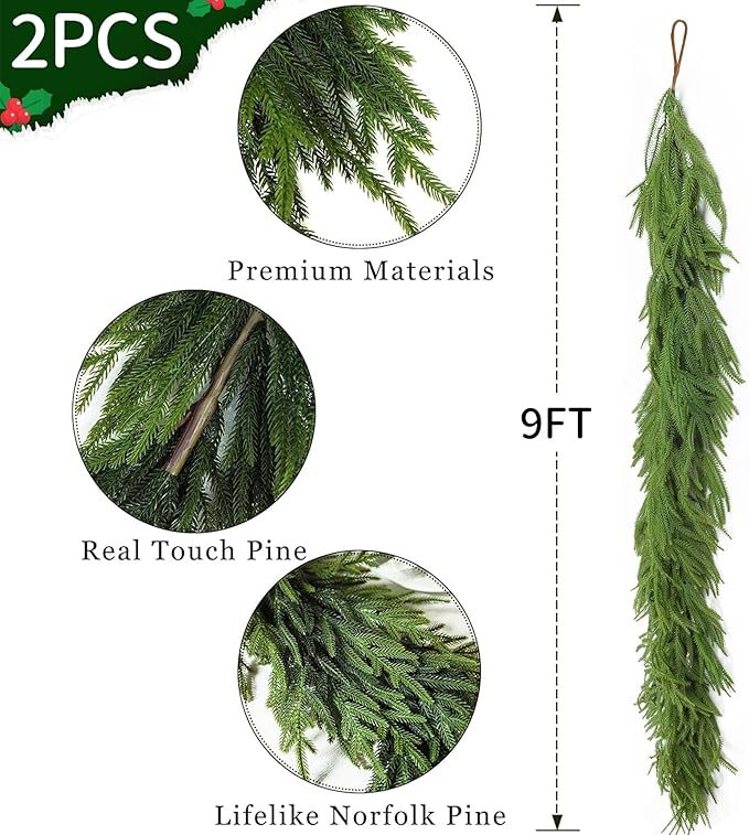 18FT 2 Pcs 9 Ft Artificial Norfolk Christmas Garlands, Relistic Winter Pine Garland, Green Artificial Greenery Garland for Mantle,Table, Wall, Fireplace,Indoor, Outdoor Christmas Holiday Decorations
