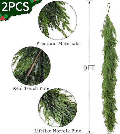 18FT 2 Pcs 9 Ft Artificial Norfolk Christmas Garlands, Relistic Winter Pine Garland, Green Artificial Greenery Garland for Mantle,Table, Wall, Fireplace,Indoor, Outdoor Christmas Holiday Decorations