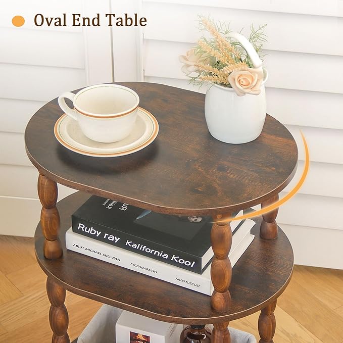 MaxSmeo Side Table with Charging Station, 3-Tier Small End Table with USB Ports and Outlets, Modern Oval Night Stand Accent Table for Living Room, Bedroom, Rustic Brown