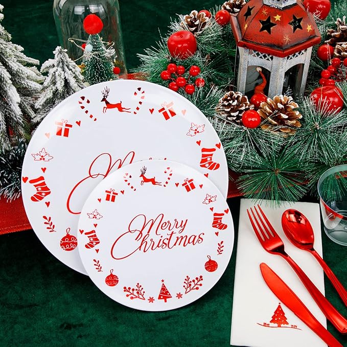 Liacere 175PCS Red and White Disposable Christmas Plastic Plates - Include 25 Dessert Plate, 25 Dinner Plates, 25 Knives, 25 Spoons, 25 Forks, 25 Cups, 25 Napkins for Christmas Party