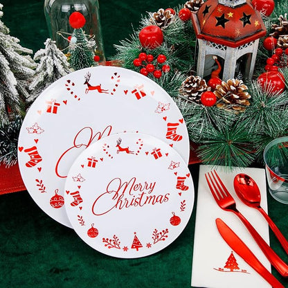 Liacere 175PCS Red and White Disposable Christmas Plastic Plates - Include 25 Dessert Plate, 25 Dinner Plates, 25 Knives, 25 Spoons, 25 Forks, 25 Cups, 25 Napkins for Christmas Party