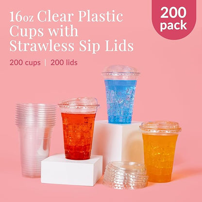 Prestee 200 Pack 16 oz Clear Plastic Cups - PET Plastic Cup Set for Weddings and Parties - Durable Disposable Cups for Drinks, Water, Beer and Cocktails - Clear and Crisp Party Glasses in Bulk