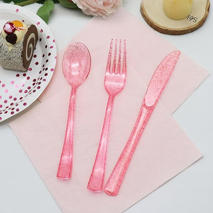 150 Pcs Pink Silverware Set Heavy Duty Pink Plastic Silverware - 50 Forks, 50 Knives, 50 Spoons for Brithday, Wedding, Baby Shower, Bridal Shower