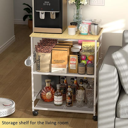 Rolling Kitchen Microwave Cart, 3 Tier Microwave Table Stand with Storage, Kitchen Utility Cart on Lockable Wheels, Small Coffee Station Shelf Rack Organizer for Living Room Office, Balcony