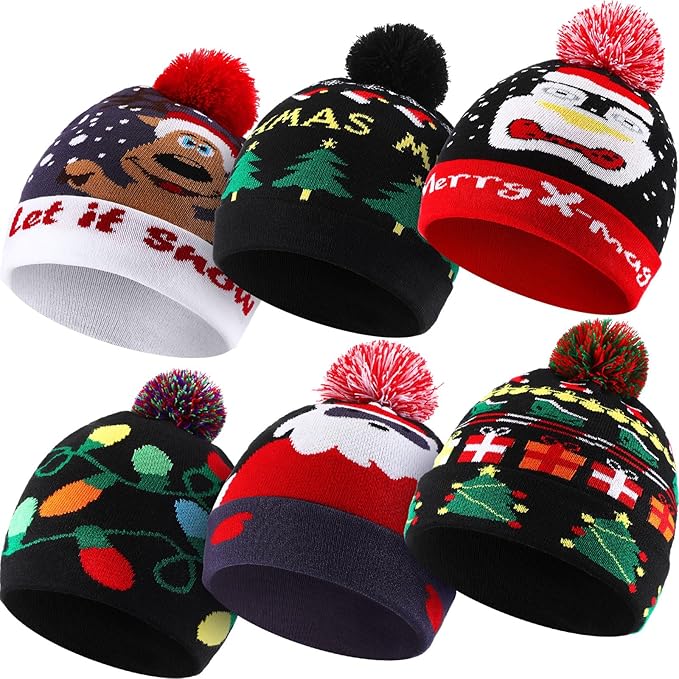 Vicenpal 6 Pcs Christmas Knitted Hat Xmas Beanie Hat Bulk Crochet Knit Cap Set Printed Wool Bulk