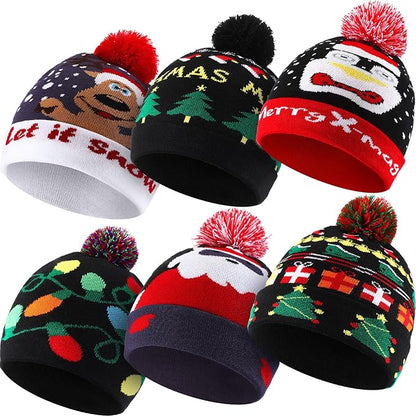 Vicenpal 6 Pcs Christmas Knitted Hat Xmas Beanie Hat Bulk Crochet Knit Cap Set Printed Wool Bulk