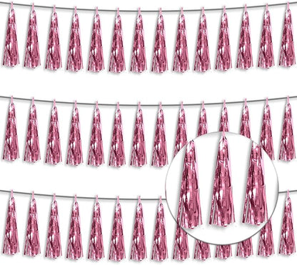3P Metallic Fringe Tassel Banner Garland Foil Tinsel Streamer Wall Hanging Curtain Backdrop Banner for Parade Floats, Graduation Decorations, Wedding Party Decoration(Pink)