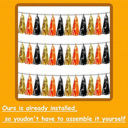 3P Orange Gold Black Tassel Banner Garland Metallic Foil Fringe Banner Tinsel Tassels Streamer Banner Backdrop for Parade Floats, Graduation Decorations, Halloween, Christmas Decorations
