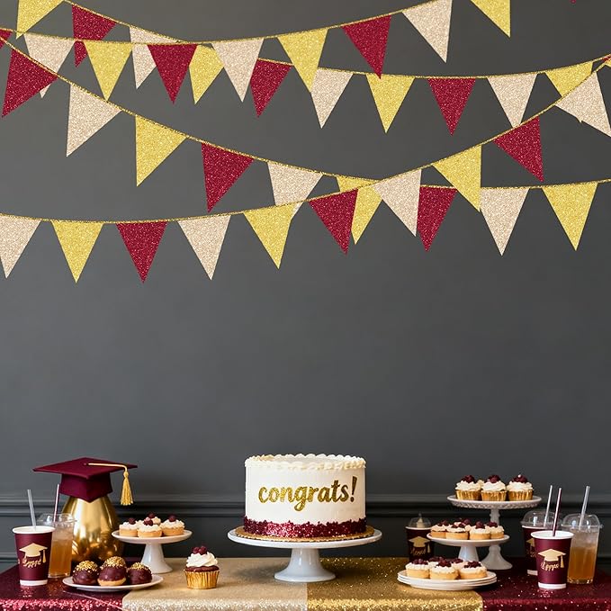 Maroon Gold Party Pennant Banner Flag Burgundy Champagne Gold Triangle Hanging Glitter Paper Bunting for Birthday Graduation Baby Shower Bridal Shower Wedding Bachelorette Engagement Party Decorations