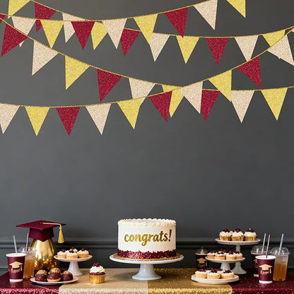 Maroon Gold Party Pennant Banner Flag Burgundy Champagne Gold Triangle Hanging Glitter Paper Bunting for Birthday Graduation Baby Shower Bridal Shower Wedding Bachelorette Engagement Party Decorations