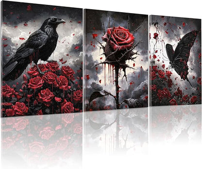 Framed Gothic Wall Art, Romantic Goth Decor, Spooky Dark Crow Flower Butterfly Aesthetic Pictures Decor for Bedroom Living Room Home(Framed, 12x16in, Set of 3, Ready to Hang)