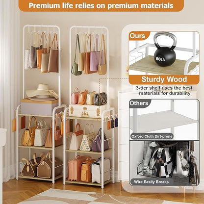 Sturdy Purse Organizer with Thick Wood & Purse Hanger, Floor-Standing Purse Rack Stand for Purse Storage, Narrow & High-Capacity Handbag Organizer, Purse Storage Organizer for Small Place