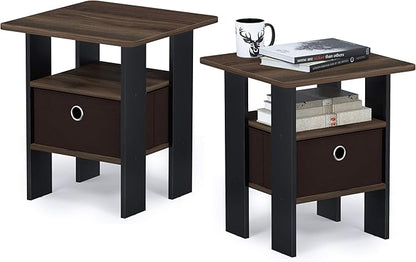 Furinno Andrey Set of 2 End Table / Side Table / Night Stand / Bedside Table with Bin Drawer, Columbia Walnut/Dark Brown