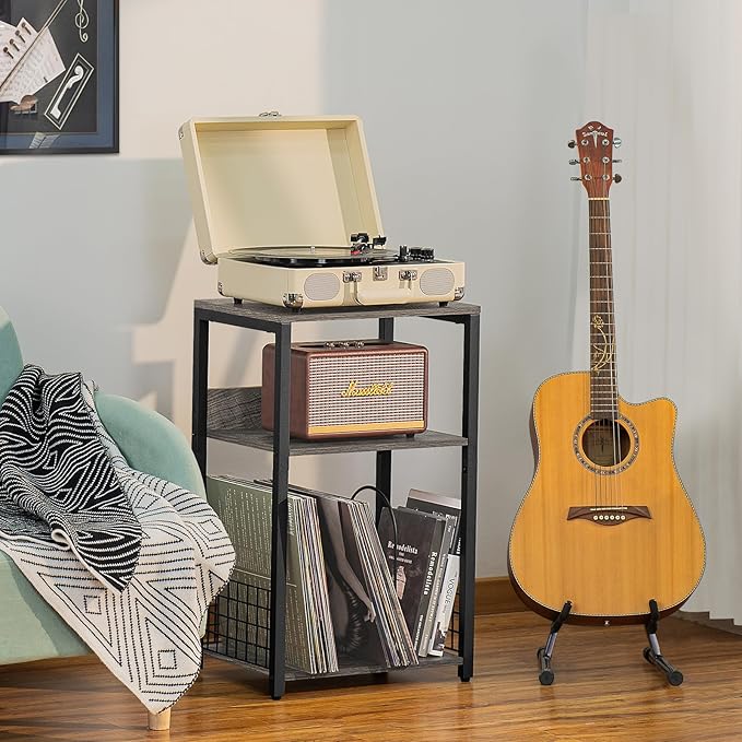 LELELINKY 3 Tier End Table,Record Player Stand with Storage Up to 100 Albums,Turntable Stand for Vinyl, Light Gray Records Shelf for Living Room Bedroom