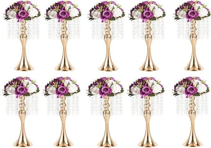 LANLONG Wedding Centerpieces for Tables, 12.99in Metal Gold Vases for Centerpieces, 10PcsTall Crystal Flower Stand for Centerpiece Table Wedding Party Reception Home Decor
