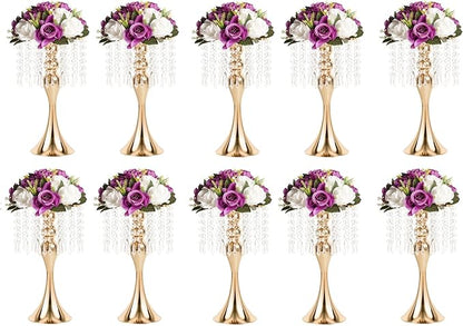 LANLONG Wedding Centerpieces for Tables, 12.99in Metal Gold Vases for Centerpieces, 10PcsTall Crystal Flower Stand for Centerpiece Table Wedding Party Reception Home Decor