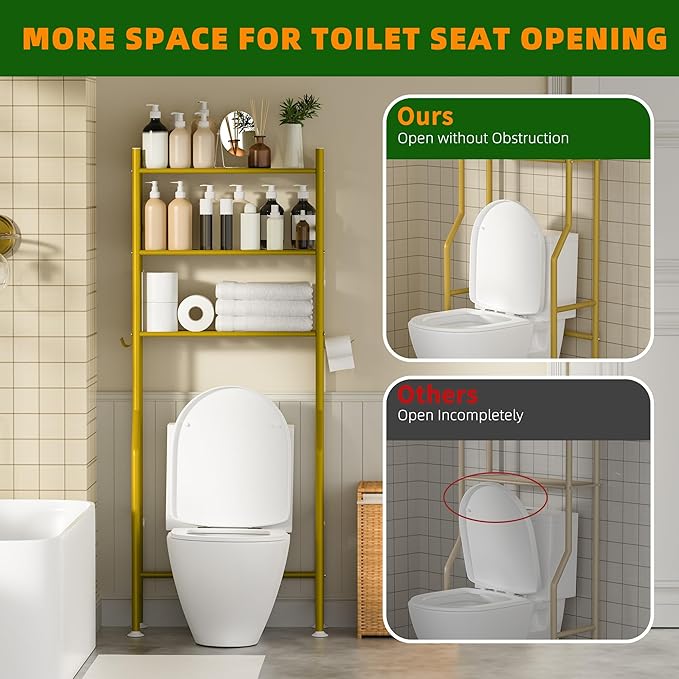 3-Tier Over Toilet Storage with Anti-Tilt Safety System - 150lb Total Capacity Metal Bathroom Shelves Including Paper Holder & 4 Hooks, Space Saving Above Commode Organizer (64" H, Gold)