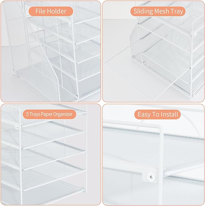 Desk Organizers and Accessories, 5-Tier Paper Letter Tray Organizer with File Holder, Desktop Organizer for Office Supplies (White)