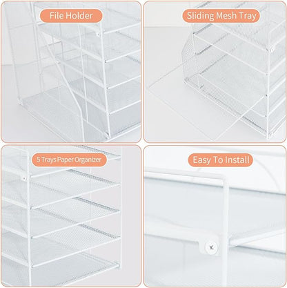 Desk Organizers and Accessories, 5-Tier Paper Letter Tray Organizer with File Holder, Desktop Organizer for Office Supplies (White)