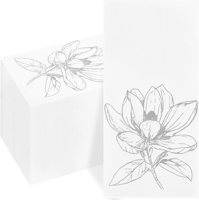 50 Pack Silver Magnolia Napkins - Silver Floral Disposable Napkins - Cloth-Like Feel Dinner Paper - Retro Heavy Duty Hand Towels for Bathroom Wedding Holiday Party Bridal Decorative Towels