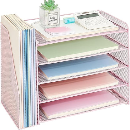 OPNICE 5-Tier Paper Organizer with Magazine Holder, Desk Organizers and Accessories, Office Desk Accessories & Workspace Organizers, Desktop File Organizer for Office Supplies Storage, Pink