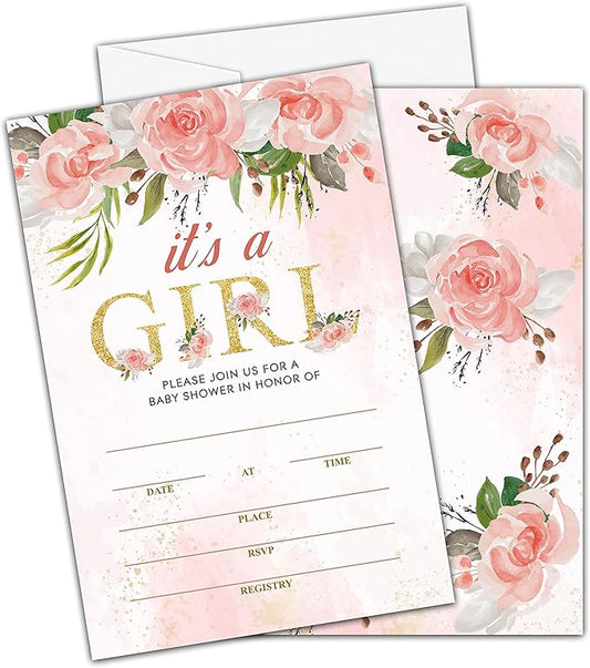 ISOVF 25 Blush Pink Floral Baby Shower Invitation Cards With Envelopes (4" x 6") - Baby Gender Reveal Party Invites For Adults Kids - It's A Girl Baby Shower Party Decorations Supplies(YQK-B01)