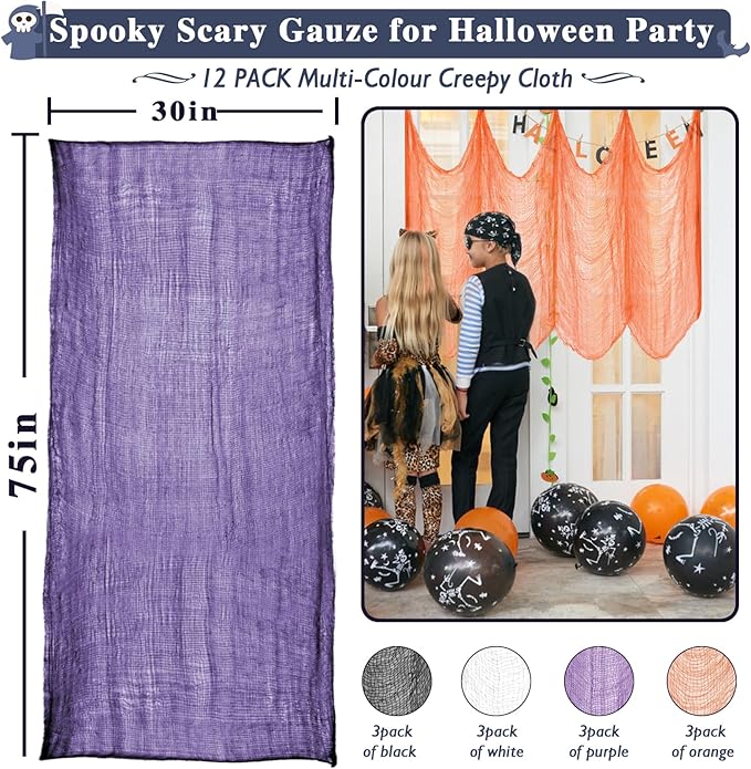 Halatool 12 Pack Halloween Creepy Cloth - 30 x 75 Inch Creepy and Spooky Halloween Decorations for Party Supplies Outdoor Yard Home Wall Decor（3 Black, 3 White, 3 Purple, 3 Orange）