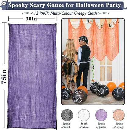 Halatool 12 Pack Halloween Creepy Cloth - 30 x 75 Inch Creepy and Spooky Halloween Decorations for Party Supplies Outdoor Yard Home Wall Decor（3 Black, 3 White, 3 Purple, 3 Orange）
