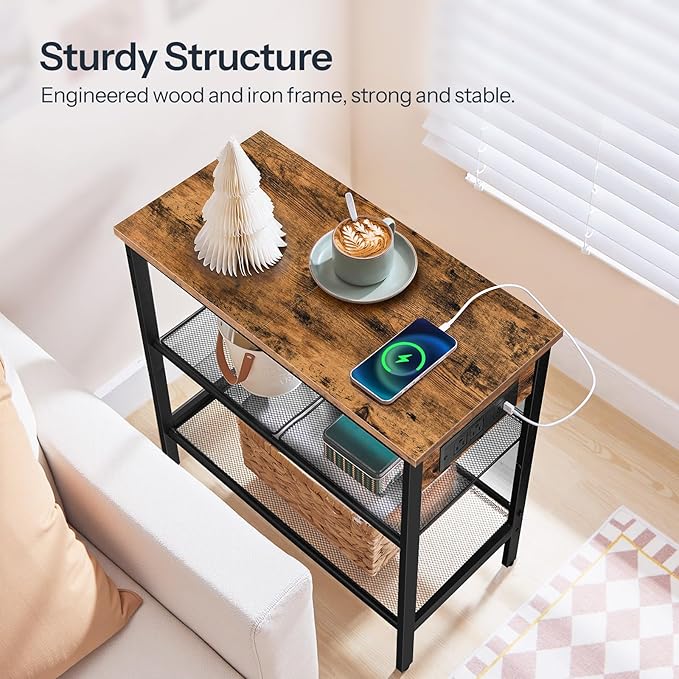 HOOBRO End Table, 3-Tier Narrow Side Table with Charging Station, Nightstand with 2 Flat or Slant Adjustable Shelves for Small Spaces, Living Room, Bedroom, Rustic Brown and Black BF23UBZ01G1