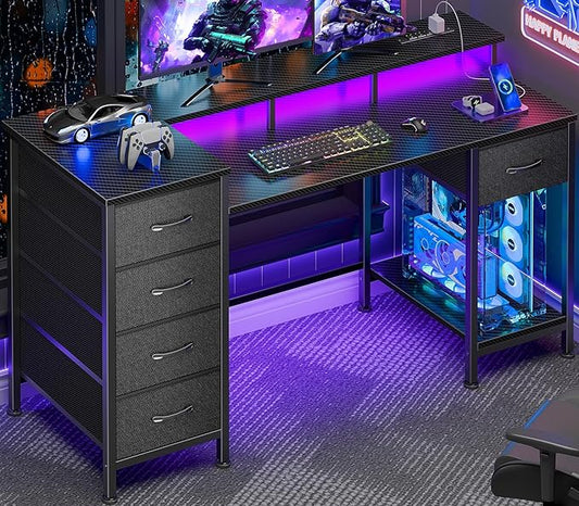 47 Inch Computer Gaming Desk with Power Outlets & LED Lights Reversible Home Office Desk with Adjustable 5 Fabric Storage Drawers for Working Writing Study, Carbon Fiber Black