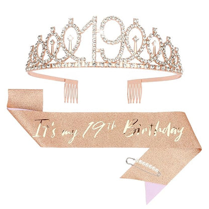 CIEHER 19th Birthday Crown and Sash for Girls, It's My 19 Bday Sash, 19th Birthday Decorations Rose Gold