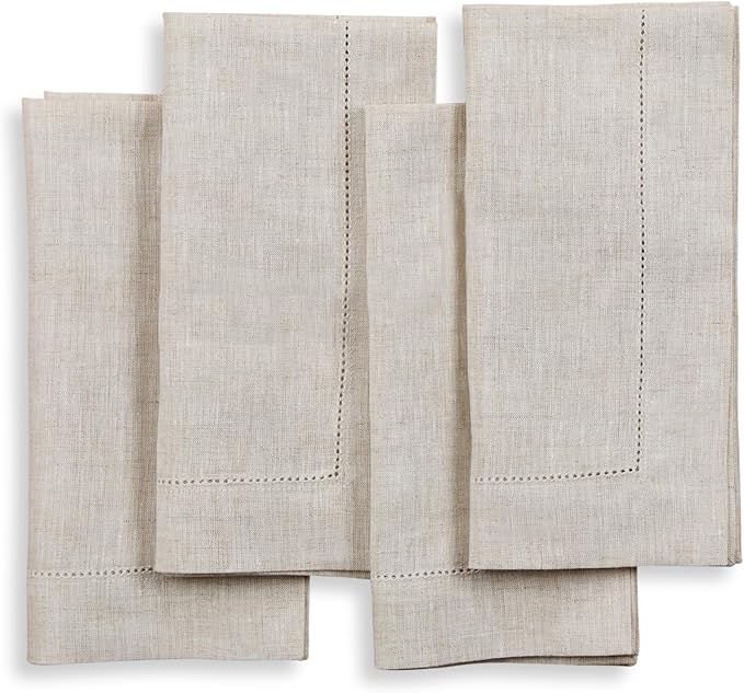 Solino Home Light Natural Linen Napkins Set of 4-100% Pure Linen Hemstitch Dinner Napkins 20 x 20 Inch for Fall, Autumn, Christmas, Holiday, New Year - Classic Hemstitch