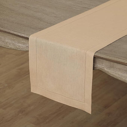 Solino Home Linen Hemstitch Table Runner 60 Inches - 100% Pure Linen Beige Table Runner 14 x 60 Inch Ideal for Dresser and Coffee Tables - Fall, Autumn, Christmas, New Year - Classic Hemstitch