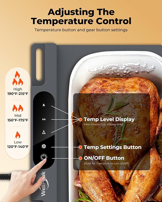 Electric Warming Mat for Food - Full Surface Fast Heating Silicone Tray with 3-Level Temperature, Auto-Off, Raised Feet for Table Protection, Versatile Warmer for Gatherings,Party,Home Buffet