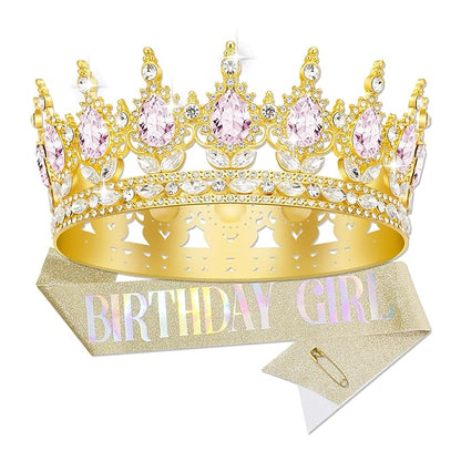 Queen Crown Birthday Crowns for Women, Birthday Girl Sash, Birthday Tiara for Women Set, Princess Rhinestone Birthday Girl Headband Birthday Gifts for Women, Sweet Happy Accessories