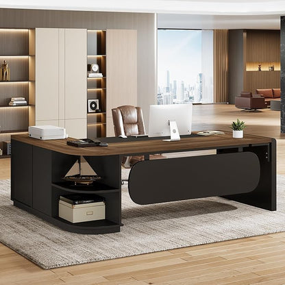 Tribesigns 80'' L-Shaped Desk Set of 6, Large Executive Office Desk with 55'' Drawers Cabinet, Modern Computer Table with Storage Shelves, Business Furniture for Office, Brown