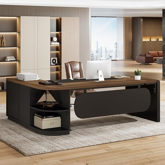 Tribesigns 80'' L-Shaped Desk Set of 4, Large Executive Office Desk with 55'' Drawers Cabinet, Modern Computer Table with Storage Shelves, Business Furniture for Office, Brown