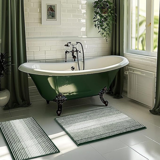 Bathroom Rugs and Mats Sets, 2 Piece Thick Absorbent Chenille Bath Mat Rug Set Non Slip, Soft Shaggy Bath Room Floor Mats for Bathroom, Machine Washable (Hunter Green, 20" x 32" Plus 16" x 24")