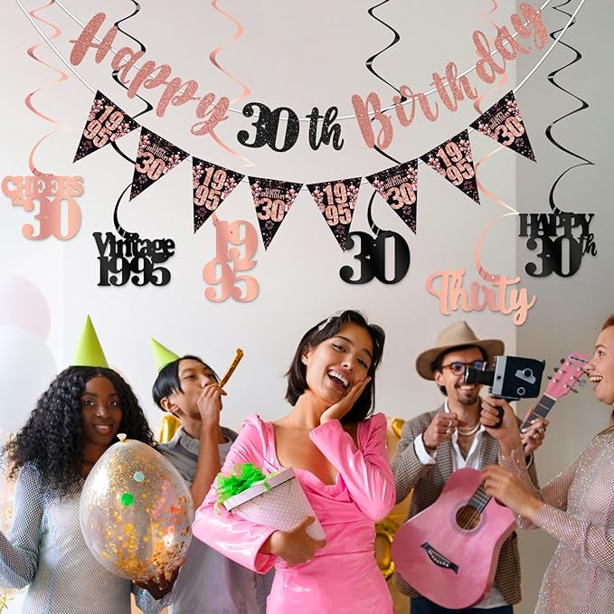 30th Birthday Decorations for Her, Black Rose Gold Happy 30th Birthday Banner Hanging Swirls Vintage 1995 Decorations Kit for Women Cheers to 30 Party Supplies