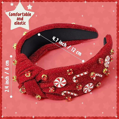 PANTIDE Christmas Jeweled Knotted Headband - Xmas Candy Cane Lollipop Rhinestone Crystal Embellished Headband Wide Top Knot Fashion Glitter Hairband Hair Accessories Birthday Gift for Women Girl (Red)