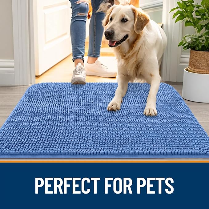 OLANLY Dog Door Mat for Muddy Paws 70x35, Absorbs Moisture and Dirt, Absorbent Non-Slip Washable Doormat, Quick Dry Chenille Mud Mat, Entry Indoor Entryway Carpet for Inside Floor, Cornflower Blue