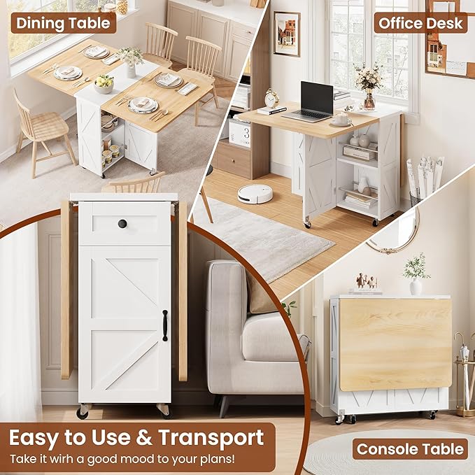 Space Saving Folding Dining Table for 2-4, Farmhouse Foldable Dining Table with Drawer and Storage Shelf, 6 Wheels Drop Leaf Kitchen Dining Room Table for Small Space (Natural, 47.2" x 23.6" x 29.9")