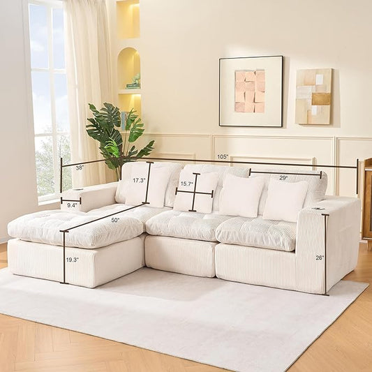 105 Inch Cloud Sectional Couch Modern Modular Sectional Sofa with Deep Seat - L Shaped Comfy 3 Seater Sectional Couches for Living Room with Cup Holders, Fits Living Room & Bedroom, Beige