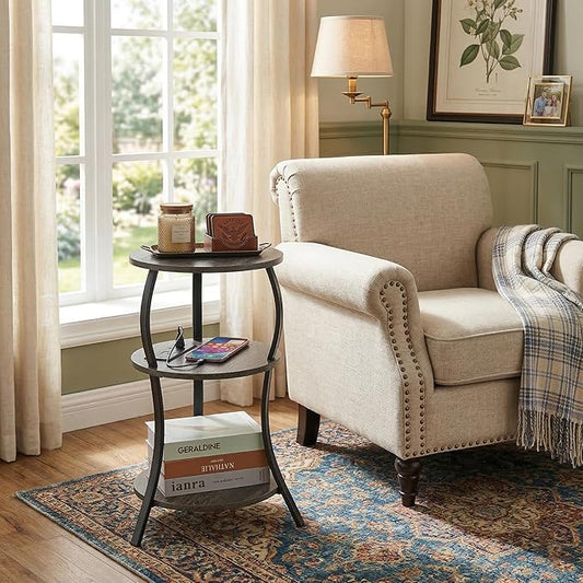 Small Round Side Table with Charging Station, 3-Tier Waist Circular End Table with Storage Shelf, Compact Tea Sofa Side Table Small Spaces, Round Corner Coffee Table for Living Room Bedroon,Grey