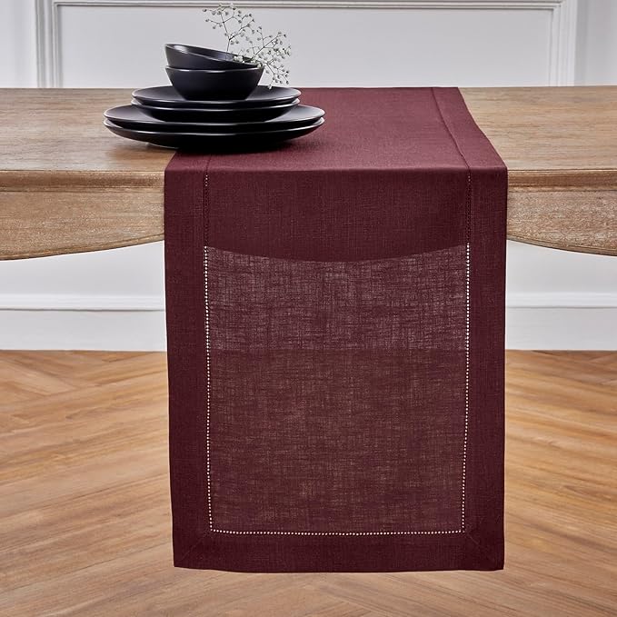 Solino Home Linen Burgundy Table Runner 120 Inches Long - 100% Pure Linen 14 x 120 Inch Table Runner for Fall, Autumn, Christmas, Holiday, Winter, New Year - Classic Hemstitch